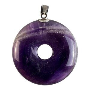 Amethyst Healing Crystal Donut Pendant 1 3/8" Peace Lucky Circle Silver Bail